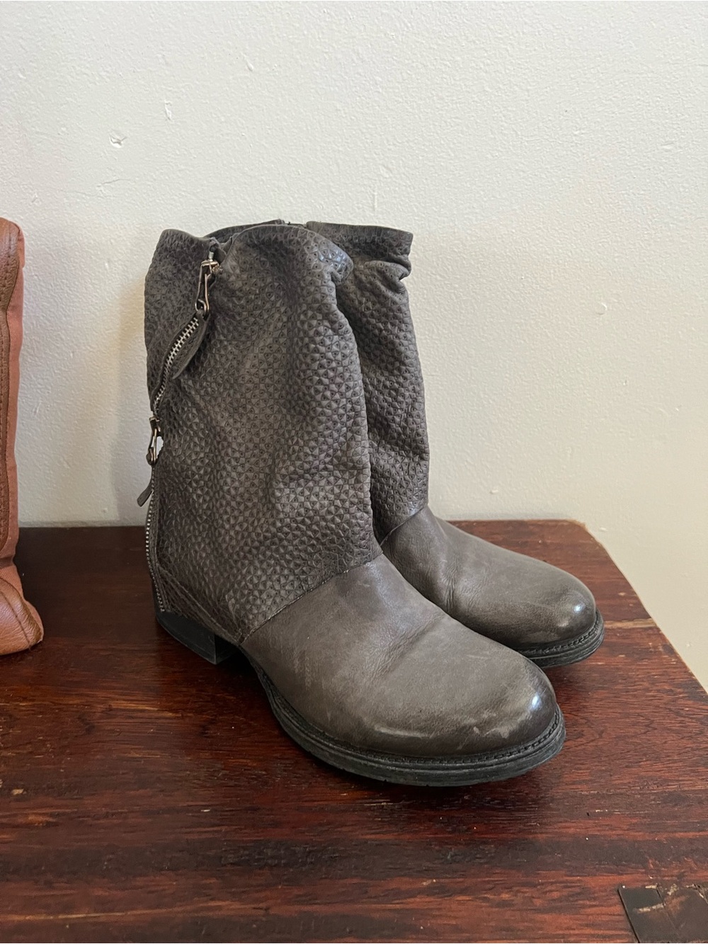 Miz Mooz Gray Textured Leather Ankle Boots with Side Zipper